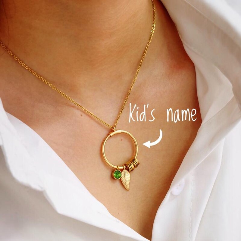 Personalized Necklace Leaf Engraved Beads Charms for Mothers Day